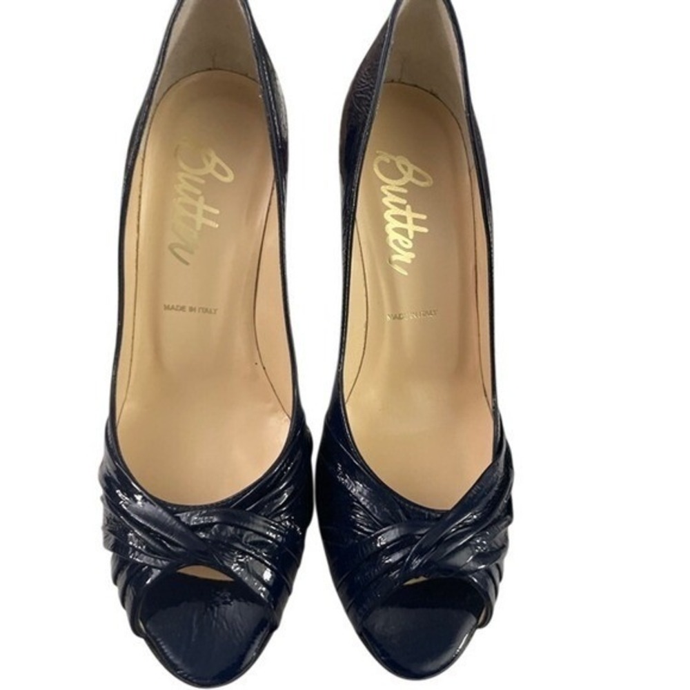 Butter Peep‎ Toe Pumps Womens 8.5 Navy Blue Patent Leather Made in Italy